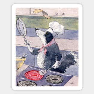 Sheepdog flipping a pancake in his kitchen Sticker